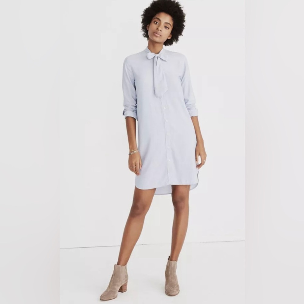 Madewell tie-neck blue and white pin stripe dress - size medium